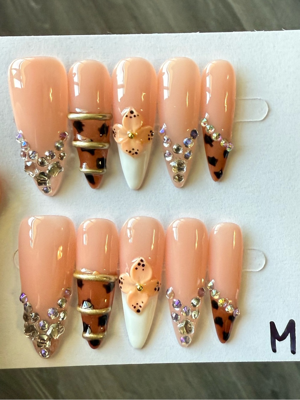 Peach Stiletto Press-On Nails with Leopard Accent & Rhinestones